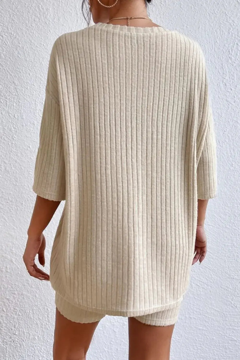 Round Neck Ribbed Top and Shorts Lounge Set - Trendsi - Flyclothing LLC
