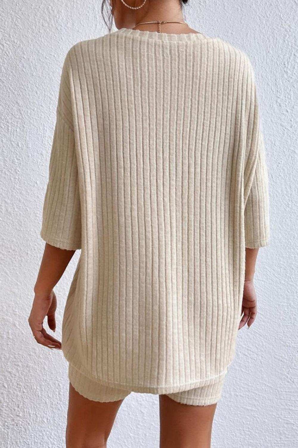 Round Neck Ribbed Top and Shorts Lounge Set - Trendsi - Flyclothing LLC