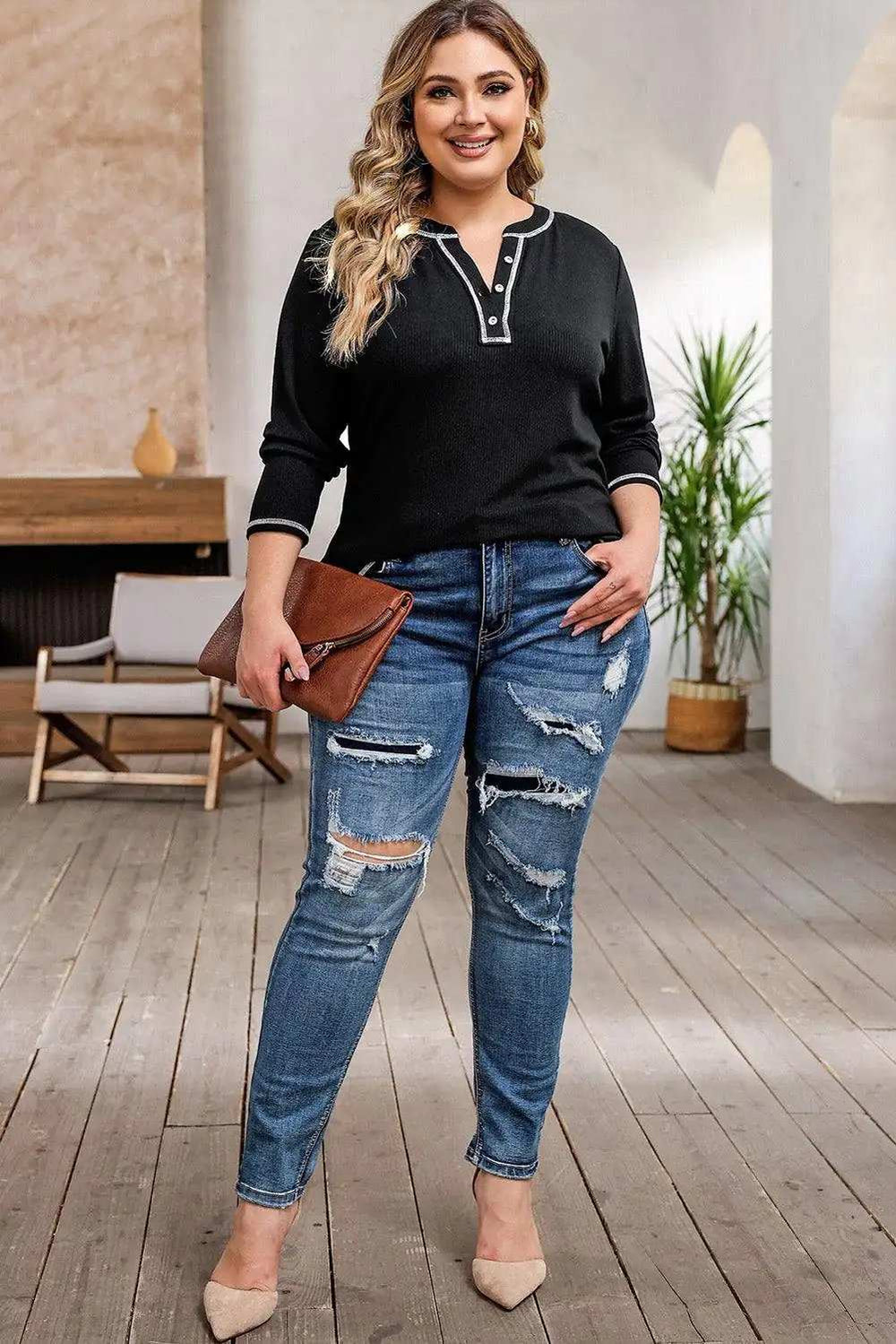 Plus Size Notched Neck Long Sleeve T-Shirt - Trendsi - Flyclothing LLC