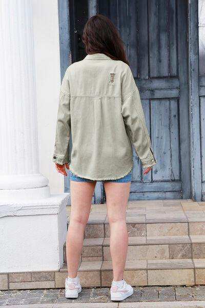 Distressed Button Up Raw Hem Denim Jacket - Trendsi - Flyclothing LLC