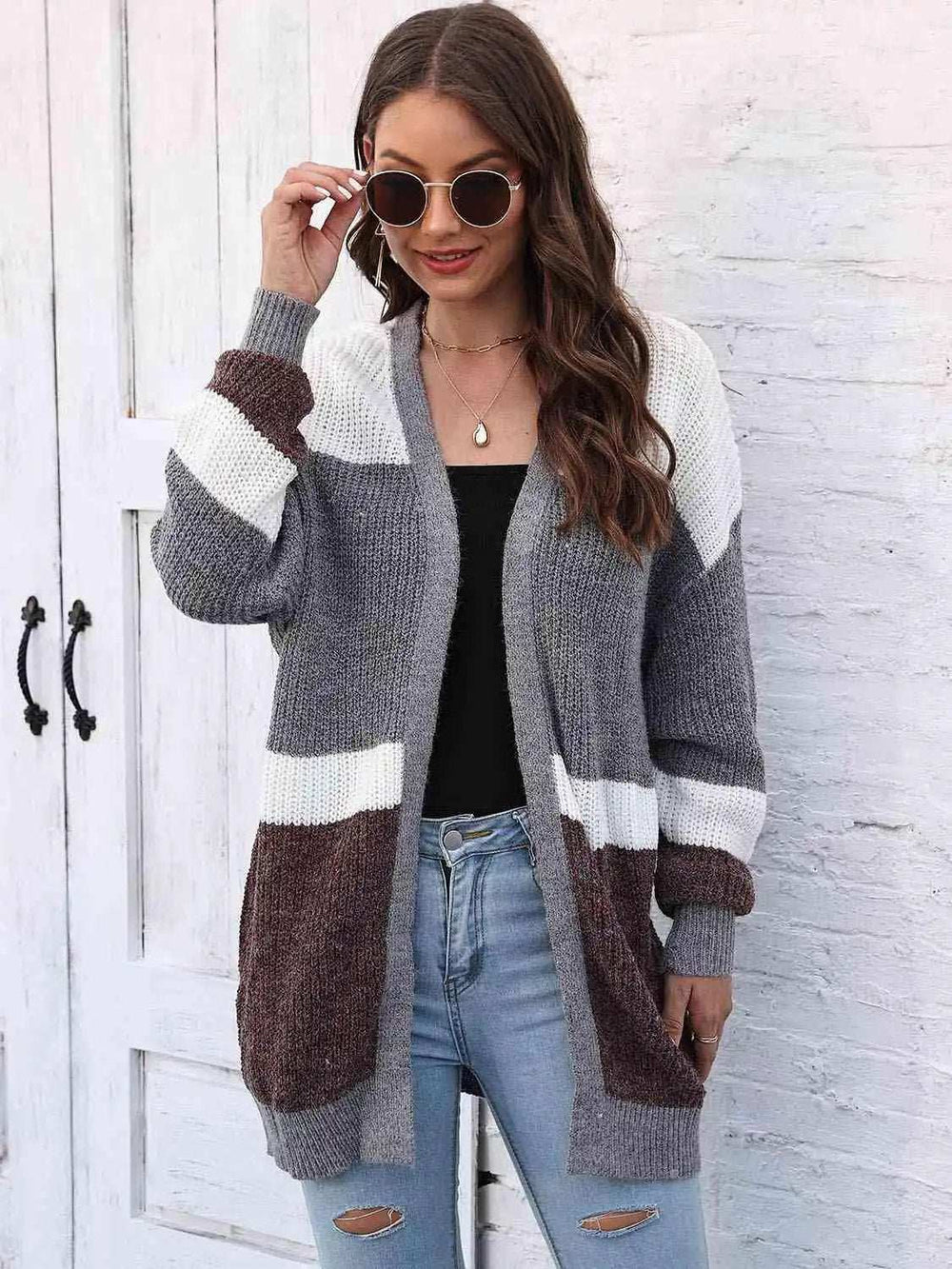 Color Block Open Front Cardigan - Trendsi - Flyclothing LLC