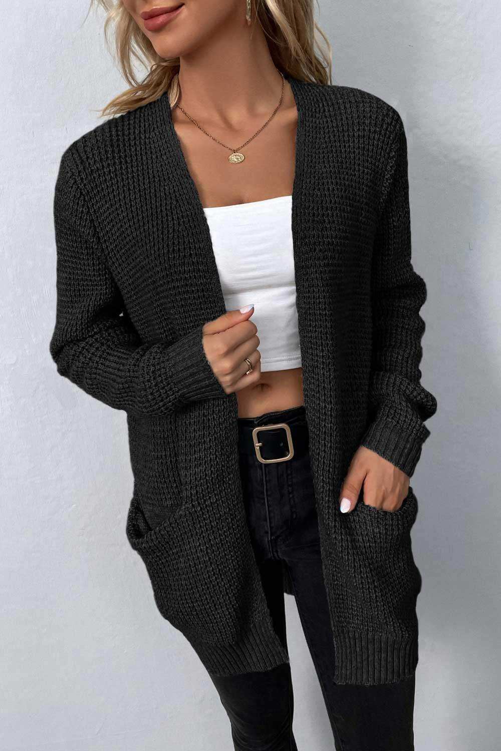 Rib-Knit Open Front Pocketed Cardigan - Trendsi - Flyclothing LLC