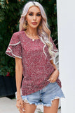 Printed Pom Pom Detail Petal Sleeve Blouse - Trendsi