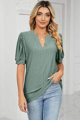 Eyelet Notched Short Sleeve T-Shirt - Trendsi - Flyclothing LLC