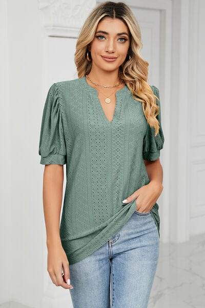 Eyelet Notched Short Sleeve T-Shirt - Trendsi - Flyclothing LLC