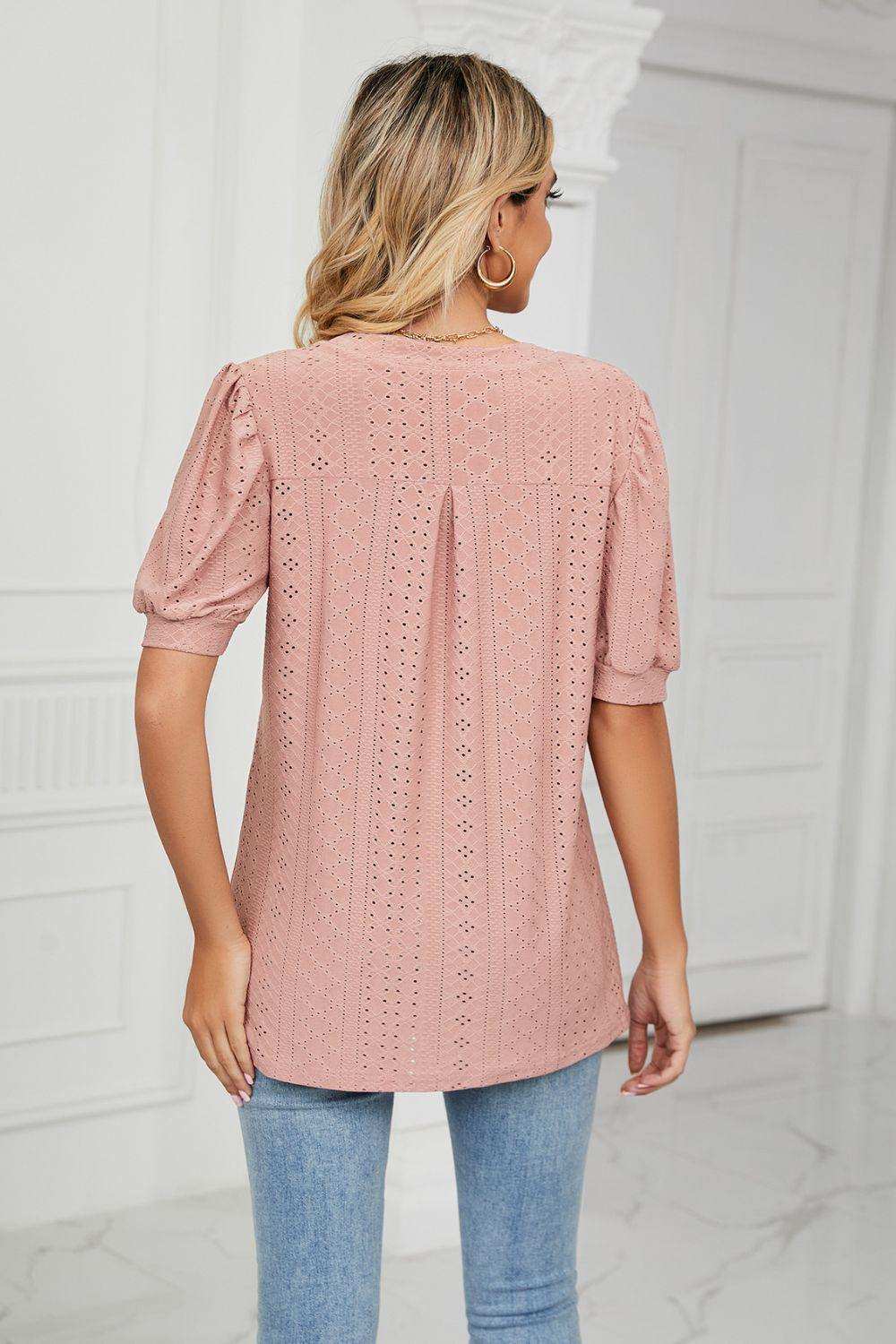 Eyelet Short Puff Sleeve Notched Neck Top - Trendsi - Flyclothing LLC