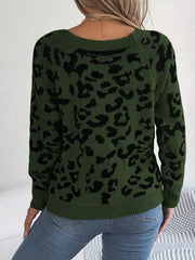 Leopard Buttoned Square Neck Sweater - Trendsi