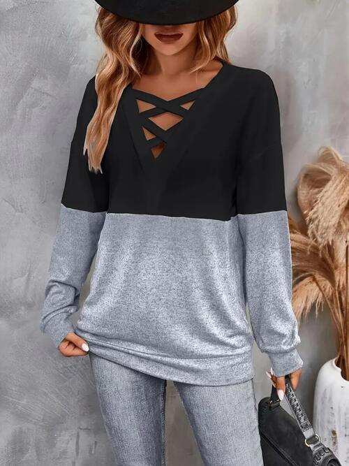 Contrast Crisscross V-Neck Long Sleeve Top - Trendsi - Flyclothing LLC