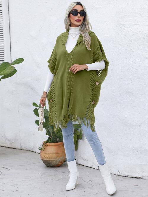 Fringe Trim Buttoned Hooded Poncho - Trendsi