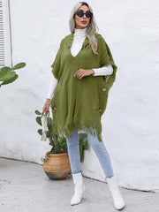 Fringe Trim Buttoned Hooded Poncho - Trendsi