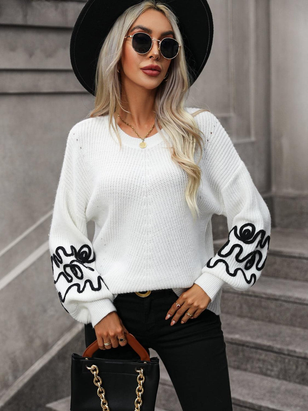 Contrast Drop Shoulder Round Neck Sweater - Trendsi