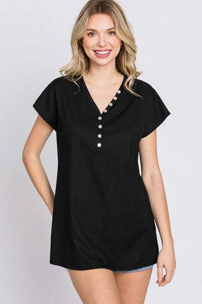 Heimish Full Size Front Button V-Neck Short Sleeve T-Shirt - Trendsi - Flyclothing LLC