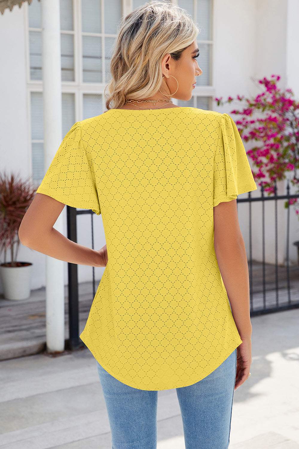 Eyelet Square Neck Flutter Sleeve Blouse - Trendsi - Flyclothing LLC