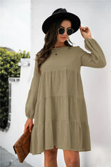 Balloon Sleeve Keyhole Tiered Dress - Trendsi - Flyclothing LLC