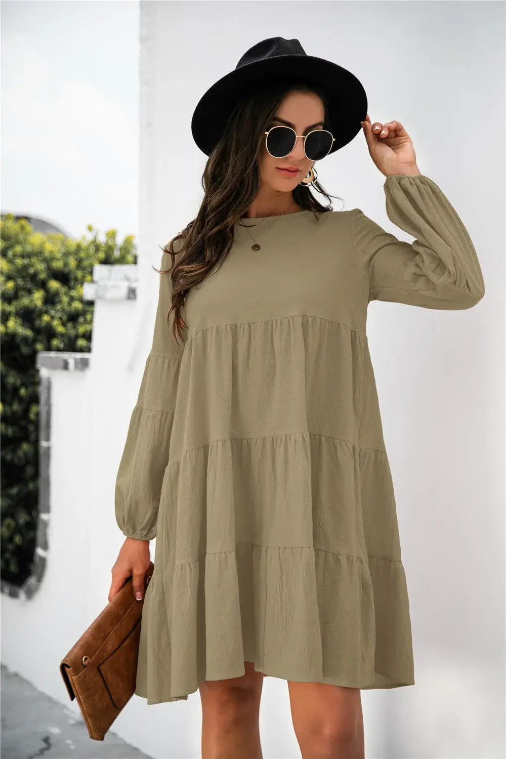 Balloon Sleeve Keyhole Tiered Dress - Trendsi - Flyclothing LLC