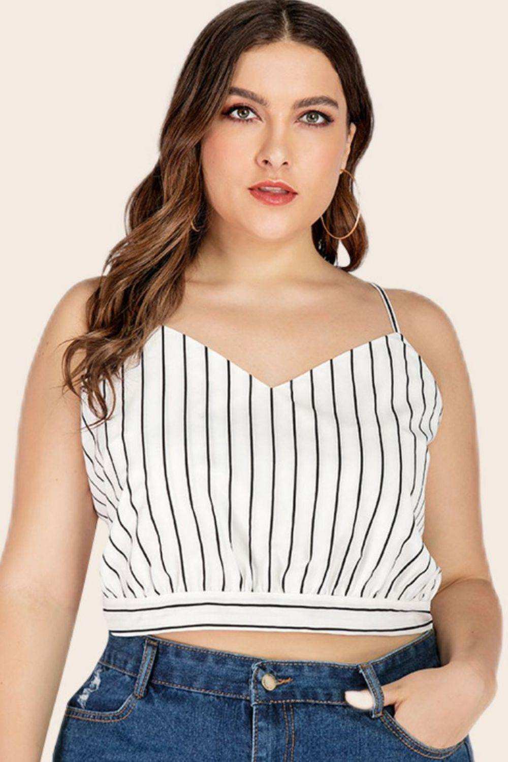 Plus Size Striped Tie-Back Cropped Cami - Trendsi