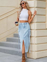 Slit Pocketed High Waist Denim Skirt - Trendsi - Flyclothing LLC