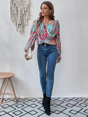 Printed Surplice Smocked Lantern Sleeve Blouse - Trendsi