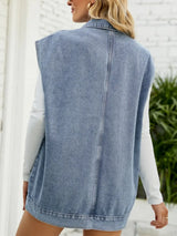 Collared Neck Sleeveless Denim Top with Pockets - Trendsi - Flyclothing LLC
