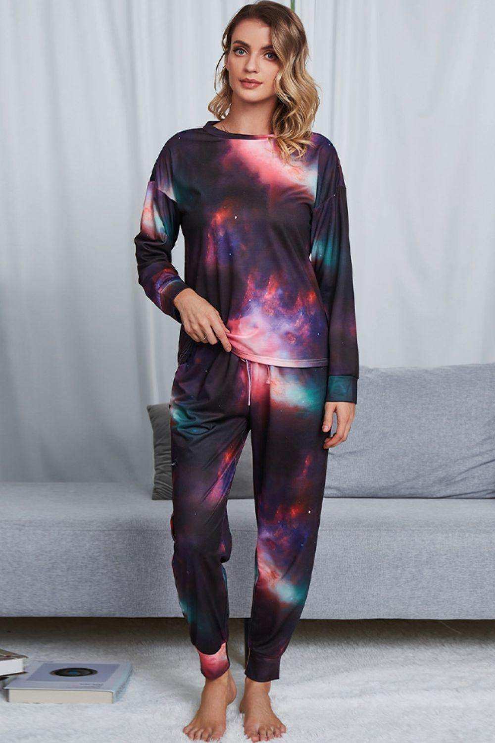 Tie-Dye Crewneck Top and Drawstring Waist Joggers Lounge Set - Trendsi - Flyclothing LLC