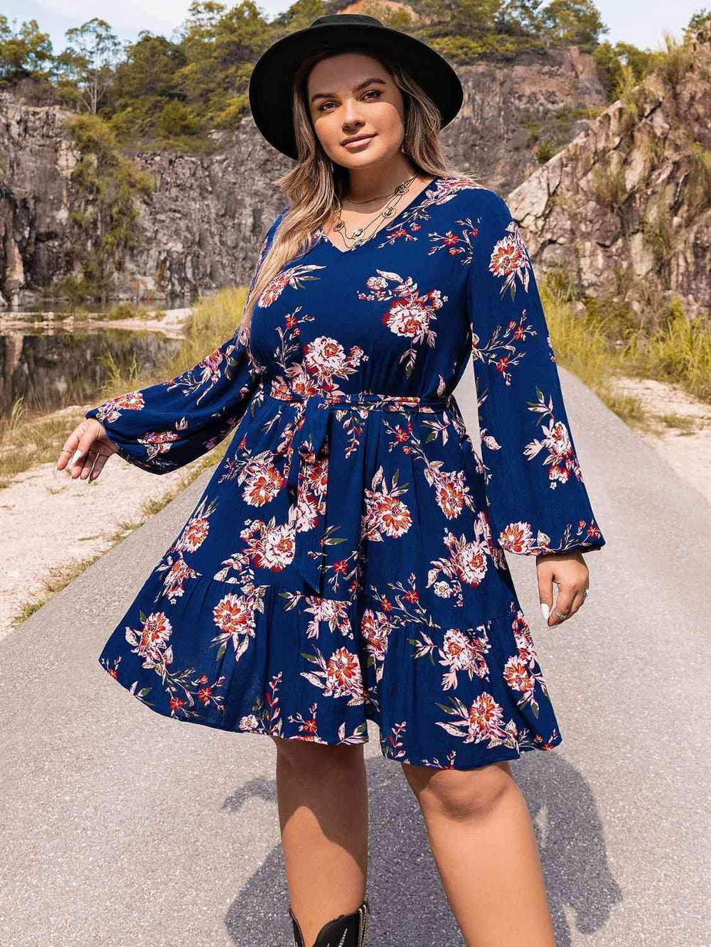 Plus Size V-Neck Long Sleeve Dress - Trendsi - Flyclothing LLC