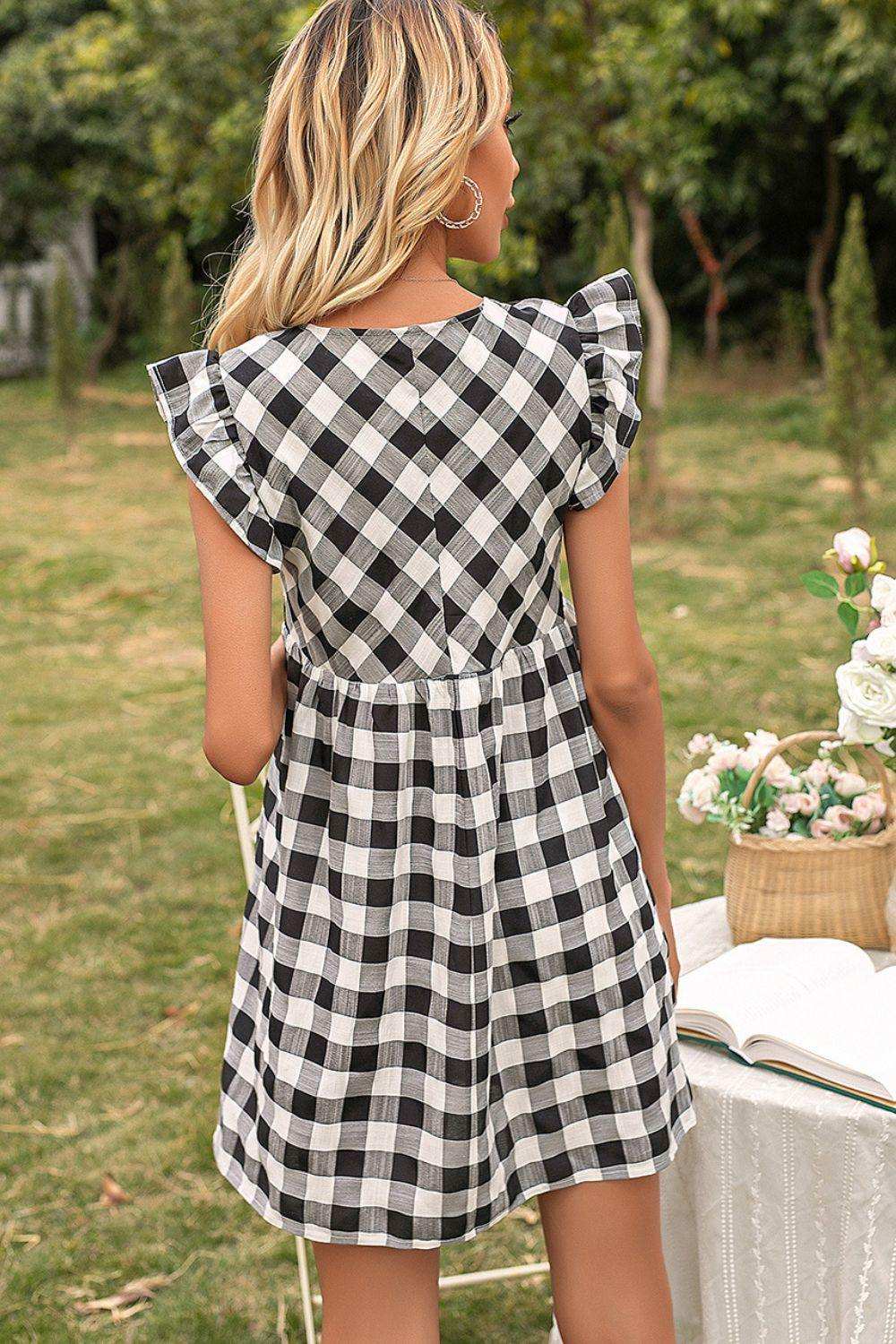 Plaid Butterfly Sleeve Deep V Dress - Trendsi - Flyclothing LLC