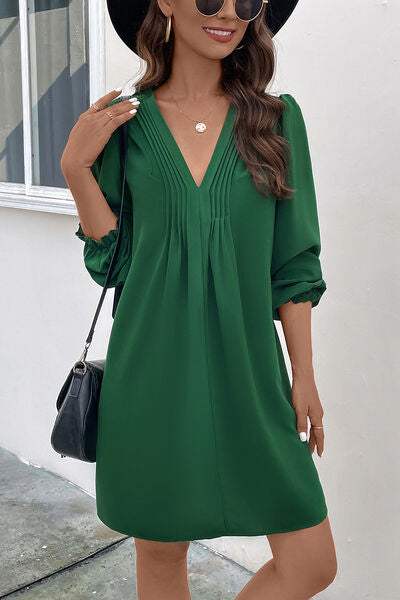Ruched V-Neck Flounce Sleeve Dress - Trendsi - Flyclothing LLC