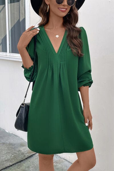 Ruched V-Neck Flounce Sleeve Dress - Trendsi