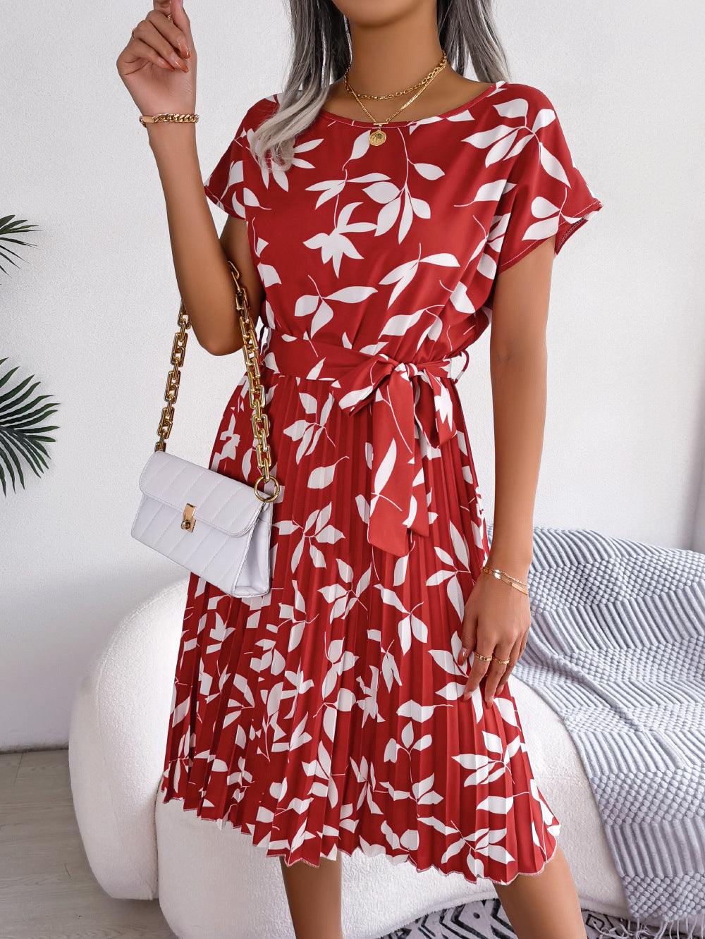 Printed Round Neck Short Sleeve Pleated Dress - Trendsi