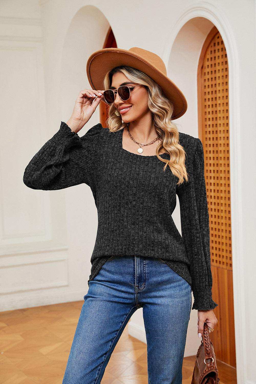 Square Neck Puff Sleeve Top - Trendsi - Flyclothing LLC
