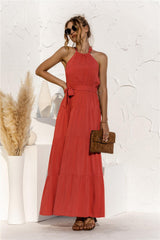 Halter Neck Tie Waist Tiered Maxi Dress - Trendsi - Flyclothing LLC