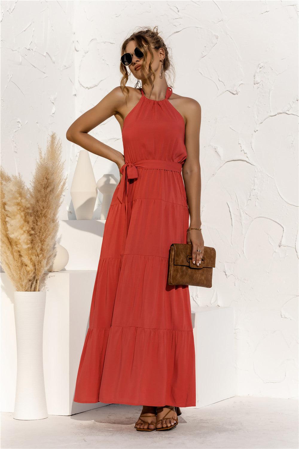 Halter Neck Tie Waist Tiered Maxi Dress - Trendsi - Flyclothing LLC