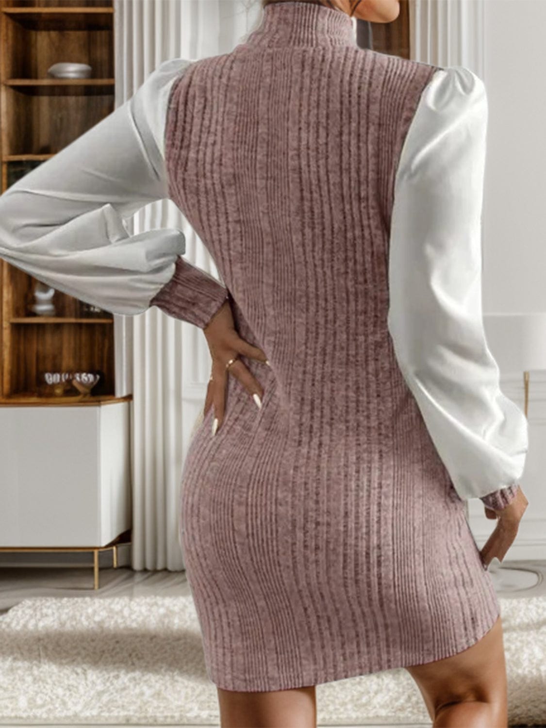 Ribbed Contrast Long Sleeve Sweater Dress - Trendsi