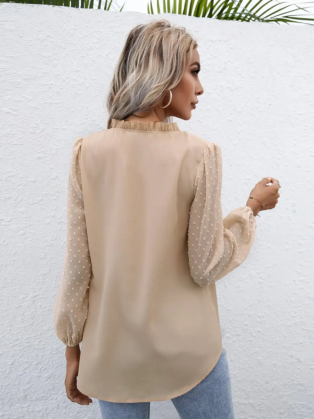 Swiss Dot Frill Trim Puff Sleeve Blouse - Trendsi - Flyclothing LLC