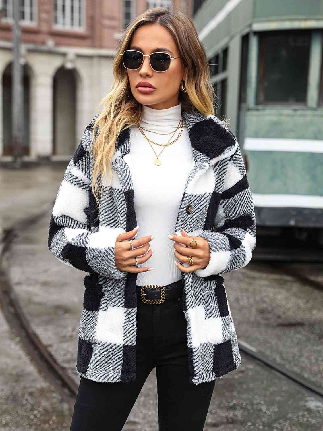 Plaid Collared Neck Button Down Jacket - Trendsi - Flyclothing LLC