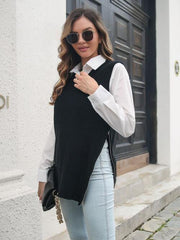 Frayed Hem Slit Sweater Vest - Trendsi