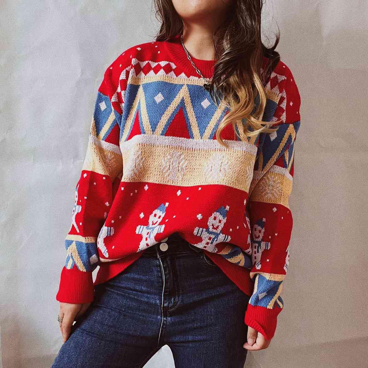 Printed Round Neck Long Sleeve Sweater - Trendsi