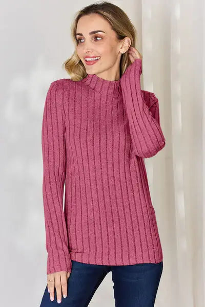 Basic Bae Full Size Ribbed Mock Neck Long Sleeve T-Shirt - Trendsi - Flyclothing LLC