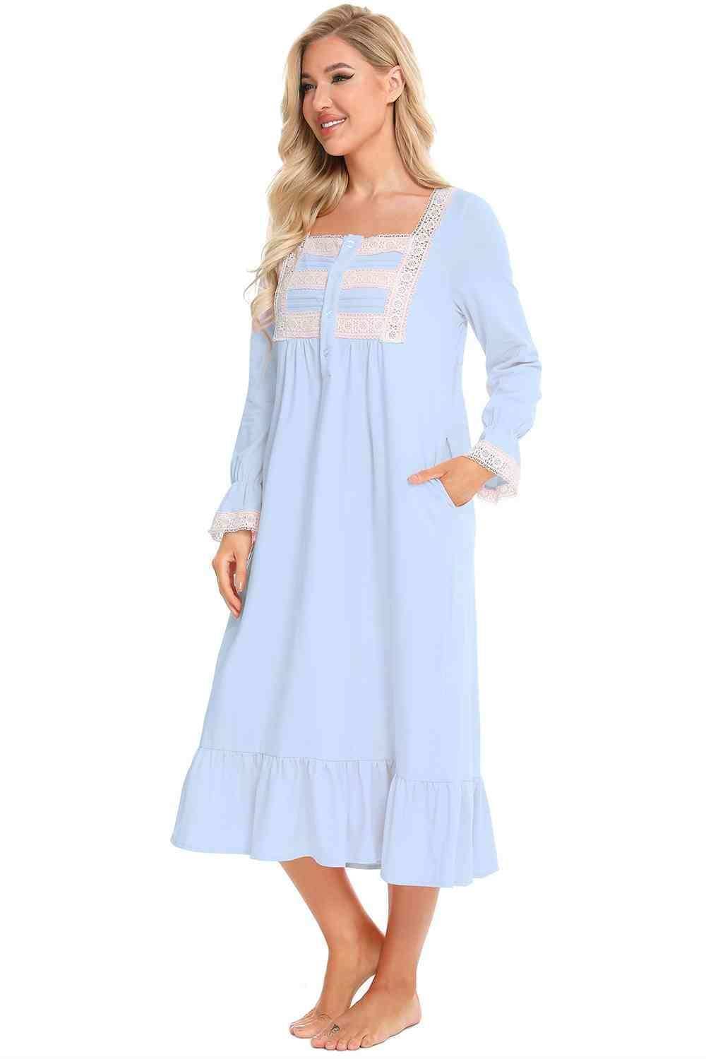 Lace Detail Square Neck Flounce Sleeve Night Dress - Trendsi - Flyclothing LLC