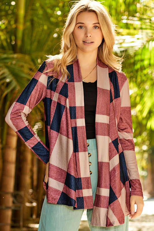 Plaid Open Front Cardigan - Trendsi