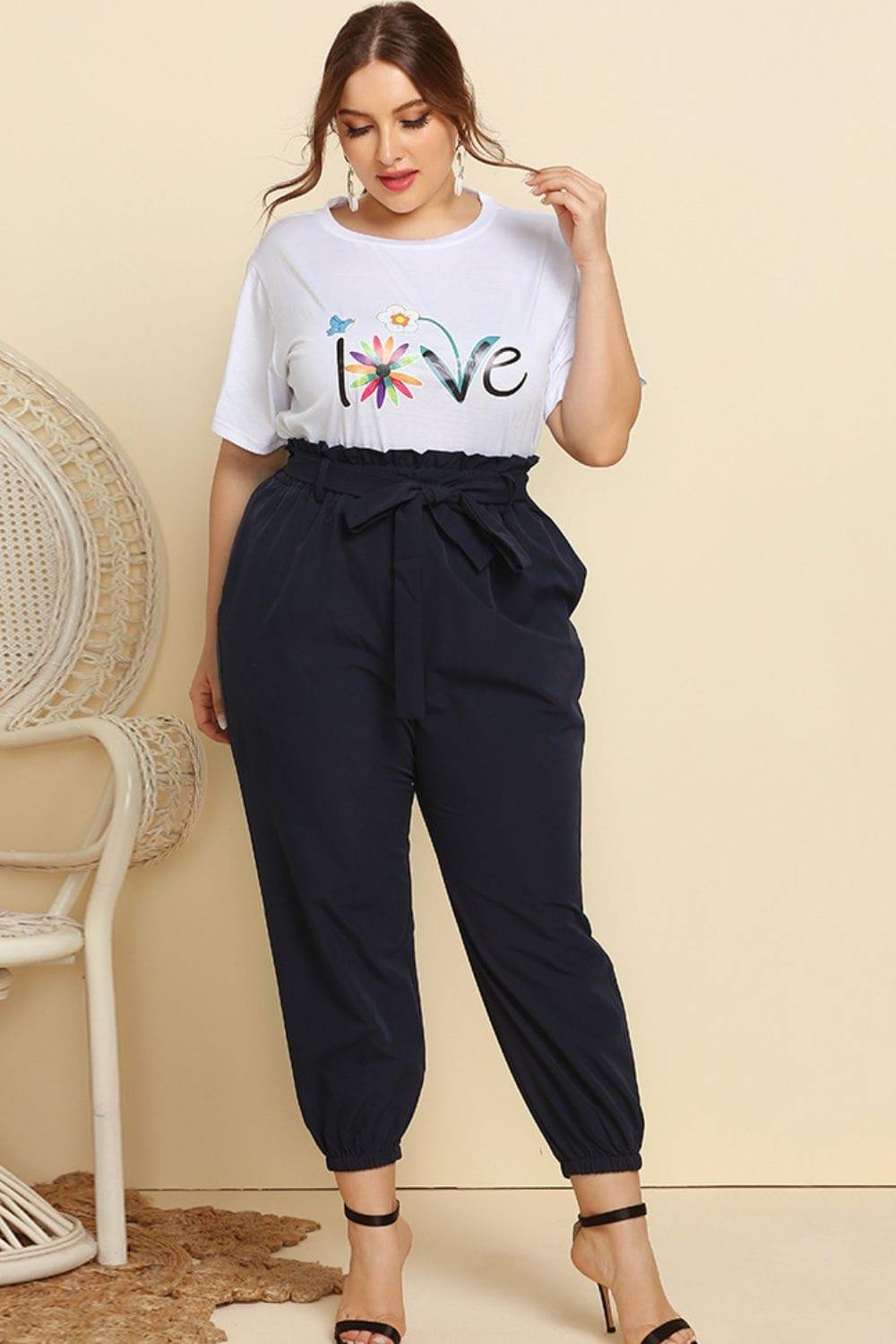 Graphic Tee and Belted Paperbag Joggers Set - Trendsi