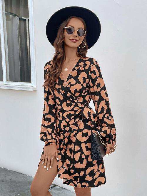 Printed Surplice Long Sleeve Dress - Trendsi - Flyclothing LLC