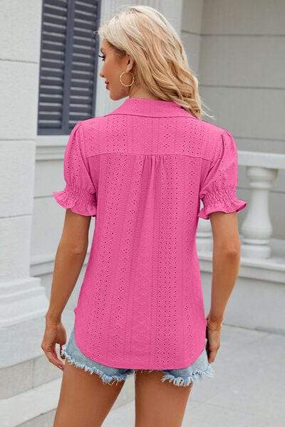 Eyelet Johnny Collar Short Sleeve Blouse - Trendsi - Flyclothing LLC