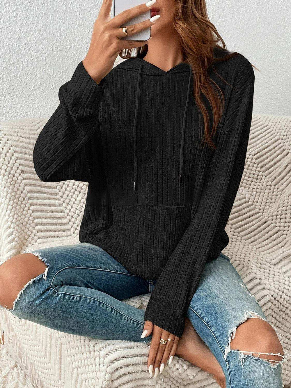 Ribbed Dropped Shoulder Drawstring Hoodie - Trendsi - Flyclothing LLC