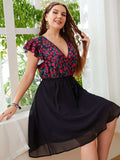 Plus Size Floral Surplice Neck Flutter Sleeve Dress - Trendsi - Flyclothing LLC