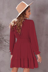Tied Plunge Smocked Waist Flounce Sleeve Dress - Flyclothing LLC