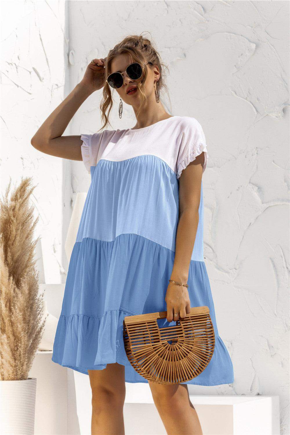 Color Block Round Neck Ruffle Hem Dress - Trendsi - Flyclothing LLC