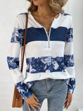 Printed Half Zip Long Sleeve T-Shirt - Trendsi