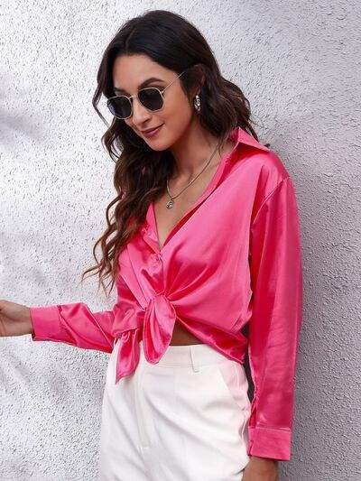 Button Up Collared Neck Long Sleeve Shirt - Trendsi - Flyclothing LLC