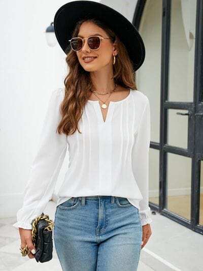 Notched Flounce Sleeve Blouse - Trendsi - Flyclothing LLC